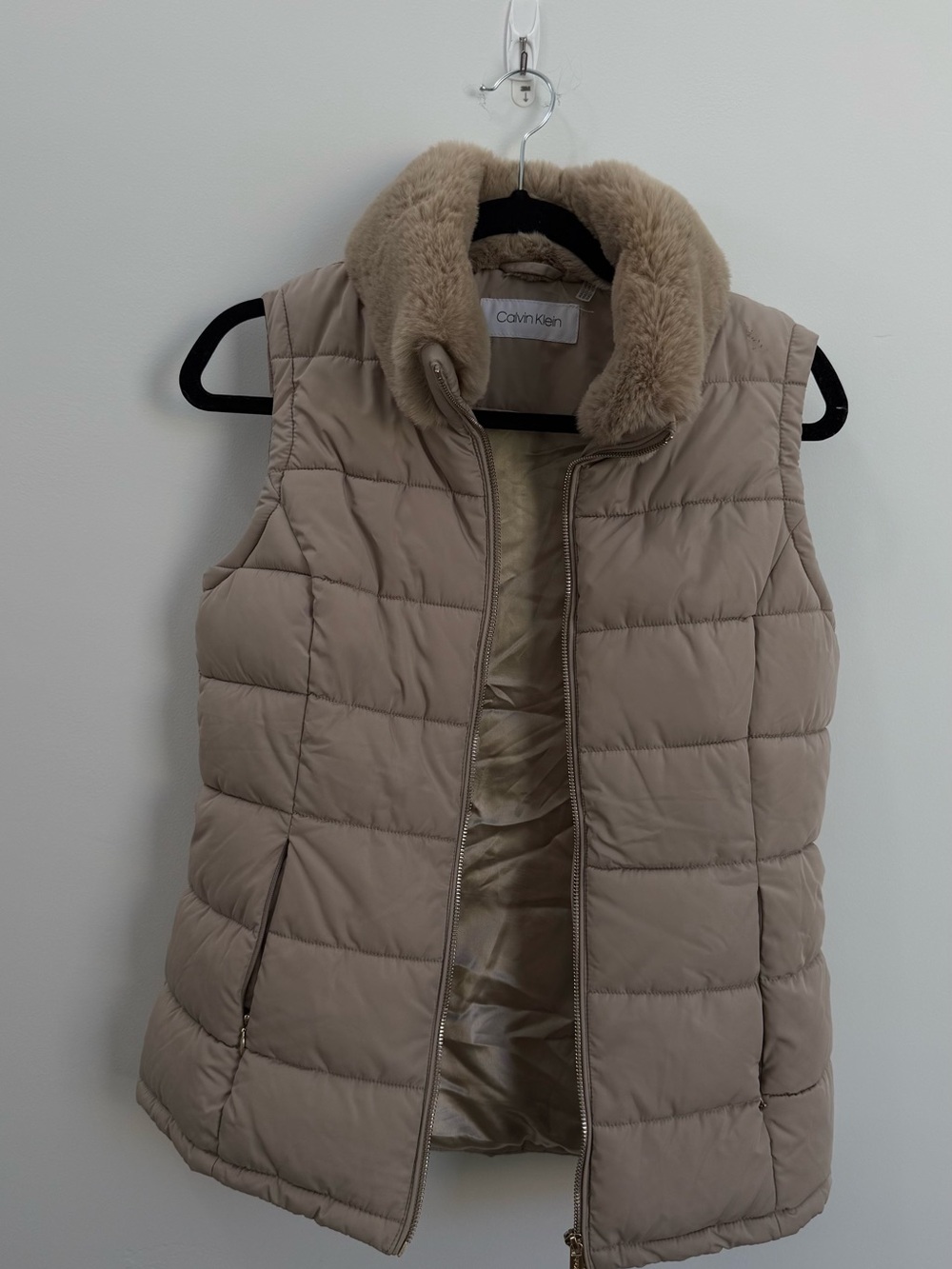 Calvin Klein Taupe Quilted Puffer Vest with Faux Fur Collar